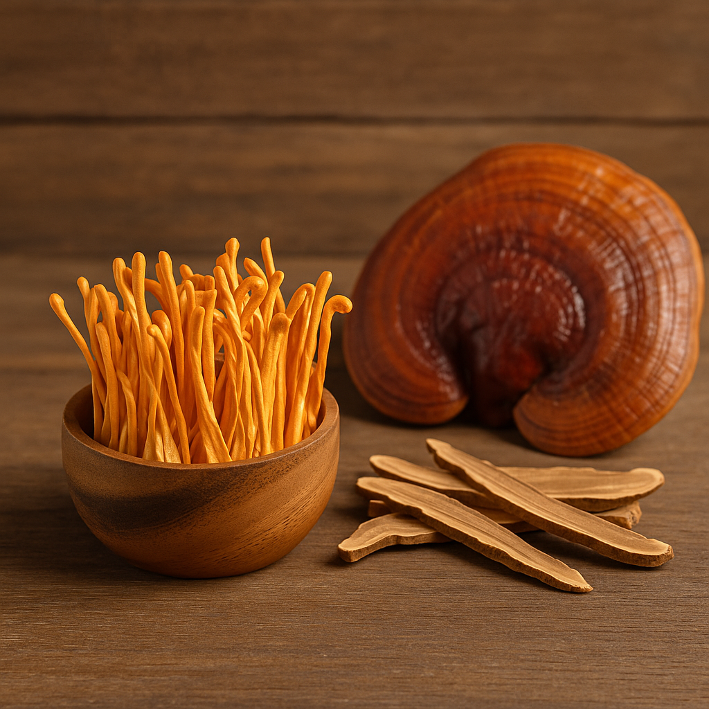 Cordyceps, reishi és ganoderma gyógygombák fa tálban és asztalon, természetes háttérrel.