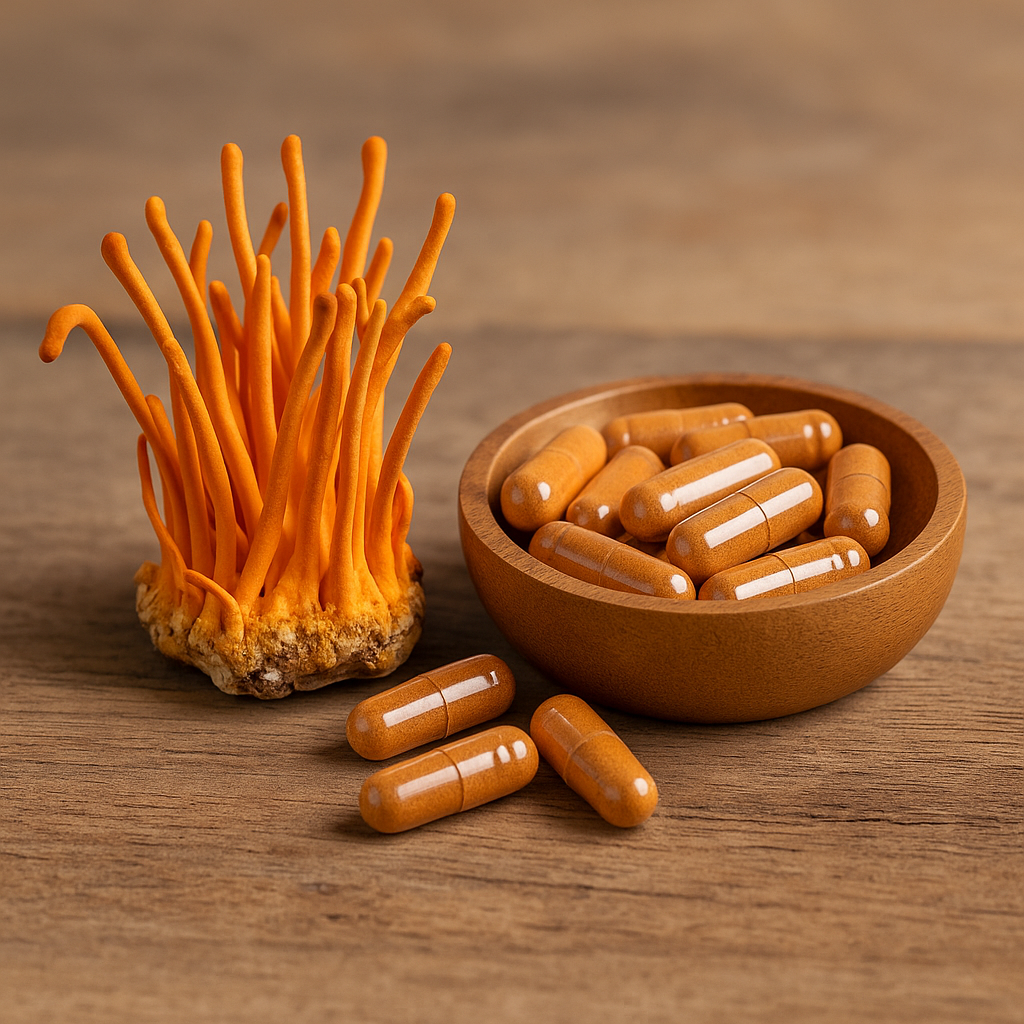 Legjobb Cordyceps militaris gomba és cordyceps kapszulák fa felületen, természetes megvilágításban